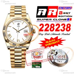 228238 DayDate VR3255 Automatic Mens Watch ARF V2 40 Yellow Gold White Roman Dial 904L Steel President Bracelet Super Edition Same Serial Card Gain Weight Puretime f2