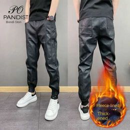 Men's Jeans Fashion Elastic Waist Casual Pants for Men with Fleece Windproof and Warm Heat Autumn Winter Trousers Black Pu Leather Q240427