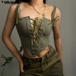 Women's Tanks Camis Summer Vintage Corset Bustier Y2K Crop Top Women Cut Out Sexy Lace Up Bandage Sleless Tank Tops Fairy ss Vest Cosplay d240427