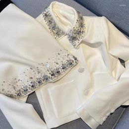 Work Dresses Luxury Small Fragrance White Women Suit Temperament Studded Long-sleeved Jacket Mini Skirt Autumn French Chic Two-piece Set