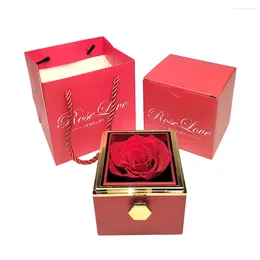 Jewelry Pouches 360 Degree Rotatable Preserved Real Rose Ring Box Necklace Valentine Forever Roses Storage Case For Women Girlfriend