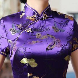 Ethnic Clothing Short Sleeve Long Qipao Purple Brocade Satin Cheongsam Female Sexy Butterfly Flower Qipaos Chinese Style Banquet Gown