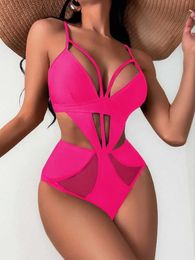 Women's Swimwear 2024 One Piece Swimsuit Women Swimwear New Solid Black Hot Pink Mesh Patchwok Monokin Sexy Bathing Suit Brazilian Beachwear