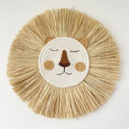 INS Nordic Handmade Lion Wall Decor Cotton Thread Straw Woven Animal Head Hanging Ornament for Nursery Baby Room Decoration 240418