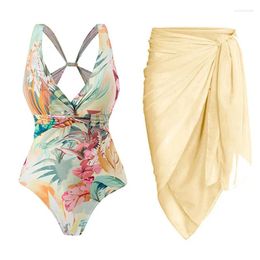 Women's Swimwear 2024 Sexy Deep V Neck Bikini Set Women Skirt Retro Print Swimsuit Beachwear Girls Brazilian Swimming Suit Dress