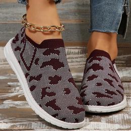 Casual Shoes Fashion Leopard Print Flats For Women Mesh Knitted Soft Bottom Sock Sneakers Woman 2024 Autumn Lightweight Slip-On Loafers