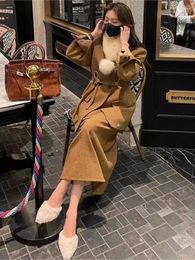 Work Dresses French Style Elegant Fashion Women's 2-piece Woolen Suit Double-breasted Belt Wool Blazer Coat Solid Midi Skirt Female Clothes