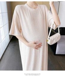 Maternity Dresses Japanese style summer maternity long skirt short sleeved O-neck loose casual straight pleated chiffon dress Q240427