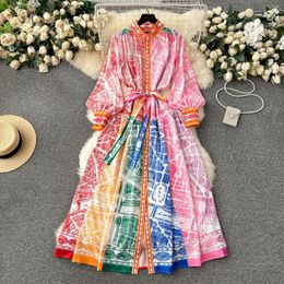 Casual Dresses Vintage Print Elegant Half High Collar Lantern Long Sleeve Lace Up Dress A-line Women Fashion Autumn Spring Vestidos