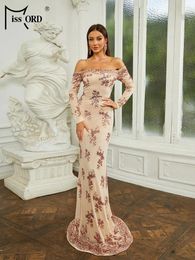 Casual Dresses Missord Elegant Floral Sequin Evening Dress 2024 Women Off Shoulder Long Sleeve Bodycon Party Prom Formal Occasion Gown