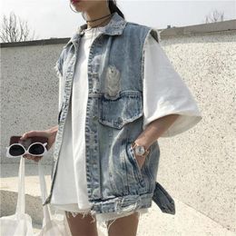 Women's Vests Korean Fashion Solid Color Sleeveless Turn Down Collar Hole Jean Coats Casual Loose Vintage All Match Women Clothes 2024