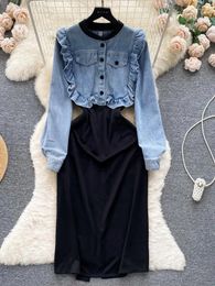 Casual Dresses Vintage Denim Dress Patchwork Design A-line Jean Woman Elegant Lapel Long Sleeves Female Holiday Vestidos Rober