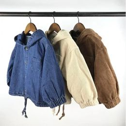 Jackets Korean Style Autumn Kids Cardigan Coat Solid Denim Hoodie Baby Boys Girls Corduroy Loose Casual Children Clothing