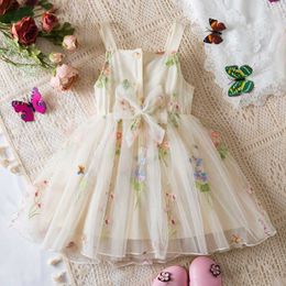 Girl's Dresses Vintage Summer Clothes Baby Girl Print Mesh Suspender Dress Embroidery Flower Princess Dress Toddler Girls Birthday Party Wear