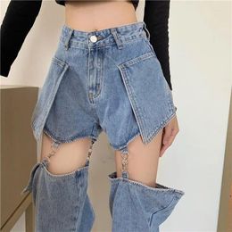 Women's Jeans Fashionable Hollow Out Design 2024 Women Summer Loose High Waist Open Thighs Street Wide Straight Leg Detachable Pants