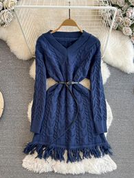 Casual Dresses Clothland Women Sweet Knitting Tassel Dress Belt V Neck Long Sleeve A Line Female Cute Fashion Chic Mini QD262