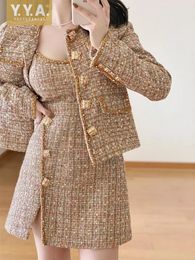 Women Elegant Design Tweed Jacket Slim Fit Sleeveless Dress Matching Set Outfit Spring Autumn Fashion Office Lady Two Piece Sets 240426