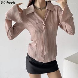 Women's Blouses 2024 Blusas Mujer De Moda Slim Waist Pink For Women Long Sleeve Sweet Shirts Crop Tops Casual Vintage Korean Tie Blouse