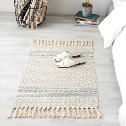 Carpets Retro Bohemian Hand Woven Cotton Linen Carpet Tassel Bedside Rug Geometric Floor Mat Living Room Bedroom Home Decoration