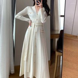 Casual Dresses Knitted Sweater Dress Autumn Winter Women Single-Breasted Belted Pullover Vestidos Elegant Office V-Neck A-Line