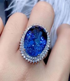 Big Oval 7 Blue Crystal Sapphire Topaz Gemstones Diamond Rings for Women White Gold Silver Colour Party Jewellery Bague Gift4043006