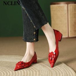 Casual Shoes Spring/Summer Women Chunky Heel Pointed Toe High For Genuine Leather Pumps Handmade Zapatos De Mujer