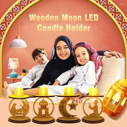 Party Decoration DIY Wooden Moon LED Candle Holder 2024 Ramadan Eid Mubarak Home Table Candlestick Muslim Islamic Decor Supplies