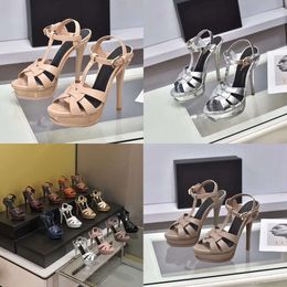Platform Tribute Sandals Woven Genuine Leather Designers Sandal Women Tapered Buckle T-strap Stiletto Heels Open Toes 14cm Designer Shoes with Box Original Quality