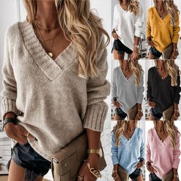 Mode europäische und amerikanische Frauen Herbst und Winter Neuankömmlinge Solid Color Patchwork Pullover V-Ausschnitt Langarm Pullover Strick-Top AST6165