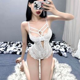 Fun Lingerie, Sexy White Lace, Transparent Women's Jumpsuit, Open File, No Take Off, Teasing, Passionate Lingerie