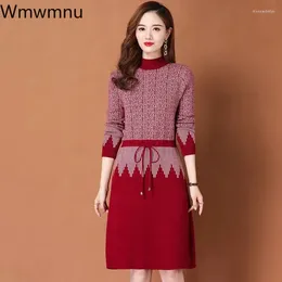 Casual Dresses Half Turtleneck Sweater Autumn Winter Thick Warm Knitted Dress Women Vintage Long Sleeve Knee-Length Vestidos