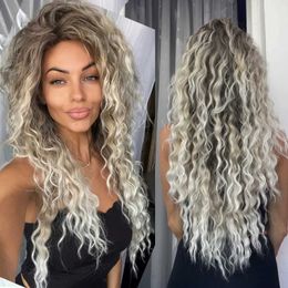 Synthetic Wigs Grey blonde wig combined with long curly suitable for women fluffy hairstyle wave Ombre clothing carnival party regular Q240427