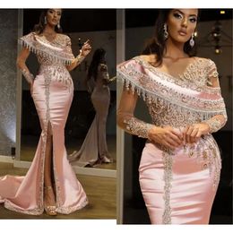 Women Crystals Beads Satin Evening Dresses Dubai Arabic Abiye Peach Pink Illusion Long Sleeve Mermaid Formal Prom Party Gowns