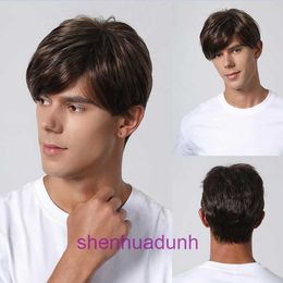 Wig mens slanted bangs short straight hair golden brown synthetic headband