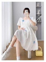 Maternity Dresses Korean style maternity dance dress with sweet puff sleeves and square collar A-Line for pregnant women cute party Q240427