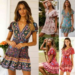 Summer Sexy Fashion Women Casual Short Sleeve Floral Printed Boho Wrap Frill Beach Short Mini Dress Sundress Holiday Wear travel 240425