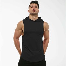 Men's Tank Tops MRMT 2024 New Pure Cotton Mens T-shirt Hooded Sleeveless Mens Tank Top Fitness Hoodie Curved Hem Tank TopL2404
