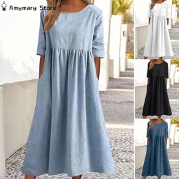 Party Dresses Cotton Linen Maxi Dress Women Elegant Solid Short Sleeve Round Neck High Waist Pleated Ladies Casual Loose Long Robe