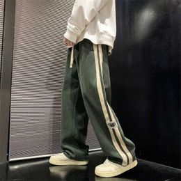 Men's Pants Side striped Corduroy wide leg mens 2023 Korean fashion hip-hop cargo pants loose casual straight sports outdoor running pantsL2403