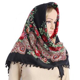Bandanas Durag 90 * 90 cm Retro gedrucktes quadratisches Kopftuch für Frauen traditionelle Quastenschalte Baumwollmischungs Kopftuch Windproof Headscarf 240426