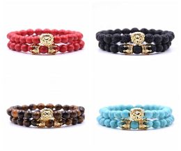 2PcSet Animal King Lion Head Red Turquoise Bangle Natural Stone Crown Couple Bracelet Sets For Men Hand Jewellery Accessories Men W4366878