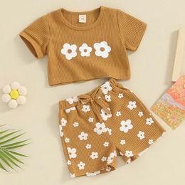 Clothing Sets Born Baby Girl Summer Clothes Waffle Knit Short Sleeve Floral Print Crop Top Shorts 2Pcs Casual Outfit