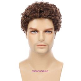 Mens wig brown short curly synthetic fiber headset Kinky Curly wigs