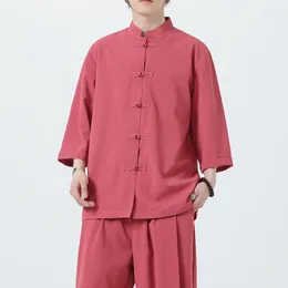 Men's Casual Shirts Men Chinese Style Hanfu Shirt 3/4 Sleeve Mens Loose Tops Tang Suit Solid Traditional Male M-5XL