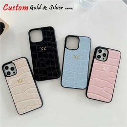 Cell Phone Cases Personalise Gold Silver Initials Crocodile Luxury Leather PU Cases For Iphone 14 12 13 Pro Max X Xs Max 11 Pro Max XR Covers Hot J240426