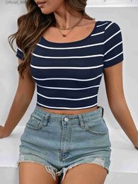 Women's Tanks Camis Classic retro striped short sled womens slim fit sexy summer round neck T-shirt top looks slim and fashionable in dark blue d240427