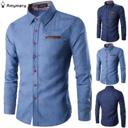 Men's Casual Shirts Mens Long Sleeve Denim Turndown Collar Button T Fashion Spring Autumn Slim Formal Tops Clothing