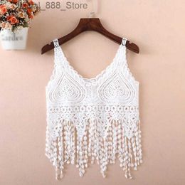 Women's Tanks Camis Women Hollow Out Crochet Crop for Tank Top Knit Lace Long Tassels Camisole Sleless See-Through Vest Beach Cover d240427