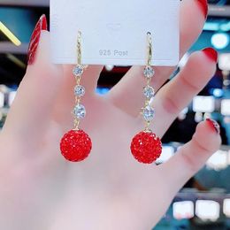 Stud Earrings Korean Version Of The Red Ball Ladies Japanese And Simple Temperament Round Tassel Long Flash Diamond Earrin