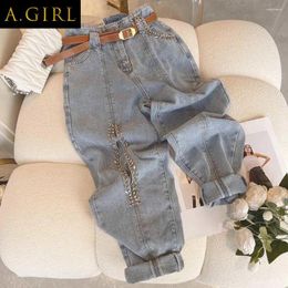 Women's Jeans A GIRLS Women Autumn Design Sense Heavy Bead Nail Hollowed Out Baggy Denim Straight Pants Personality High Waist